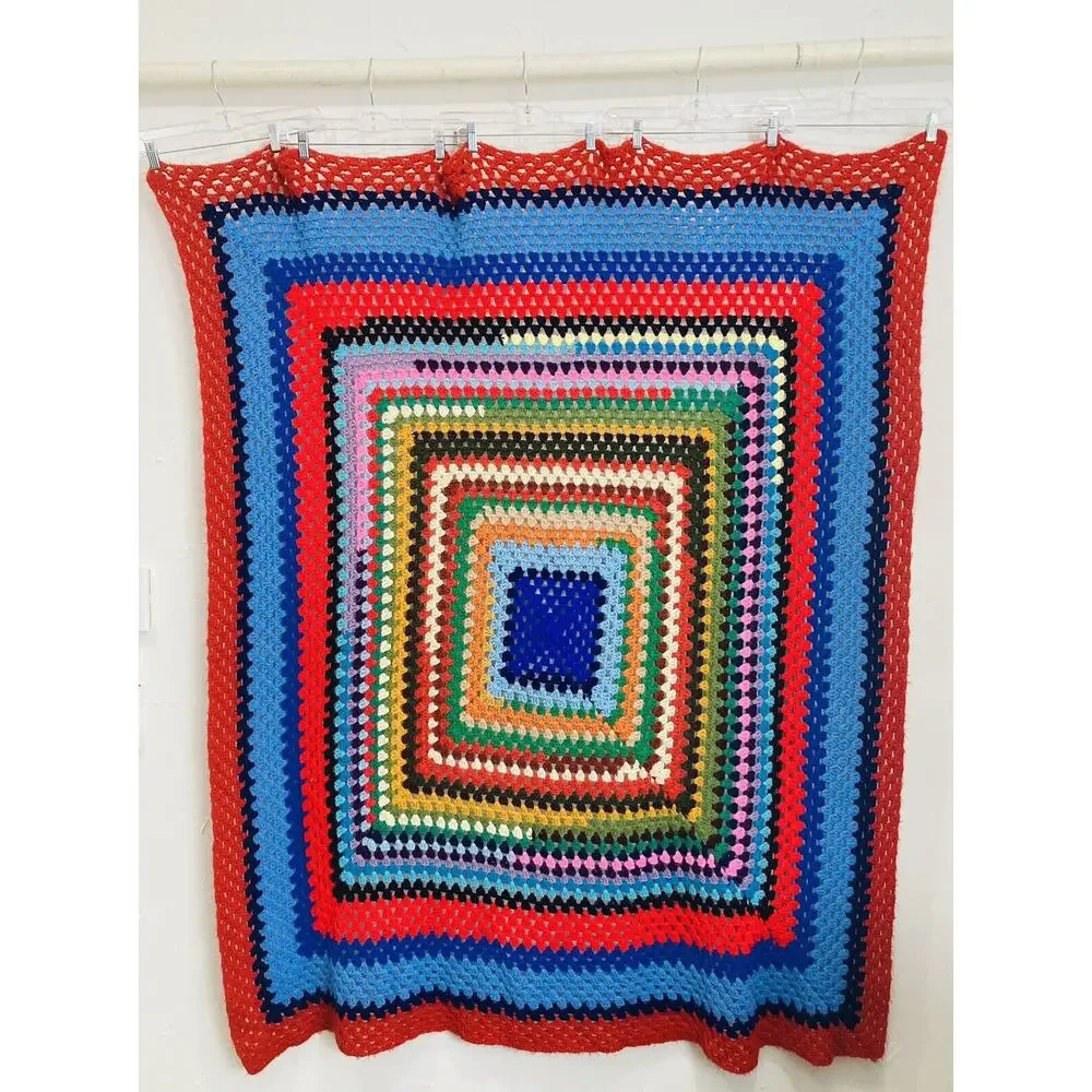 Vintage ONE Granny Square Afghan Crochet Blanket Throw Bright Multicolor Retro H